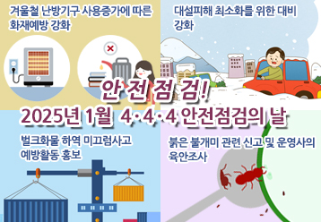 안전점검! 2025년 1월 4·4·4 안전점검의 날 / - 겨울철 난방기구 사용증가에 따른 화재예방 강화 / - 대설피해 최소화를 위한 대비 강화 / - 벌크화물 하역 미끄럼사고 예방활동 홍보 / - 붉은 불개미 관련 신고 및 운영사의 육안조사