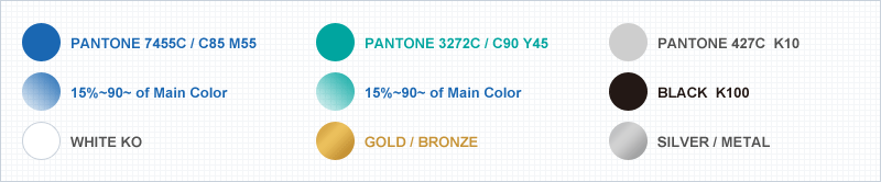 인천항만공사 전용색상(블루:PANTONE 7455C  C85 M55, 그린:PANTONE 3272C  C90 Y45, 반투명블루:15%~90% of Main Color, 반투명그린:15%~90% of Main Color, 그레이:PANTONE 427C  K10, 블랙:BLACK  K100, 골드:GOLD / BRONZE, 화이트:WHITE  K0, 실버:SILVER / METAL)